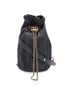 Chanel Coco Pleats CC Logo Chain Shoulder Bag Drawstring Sparkle Leather Black